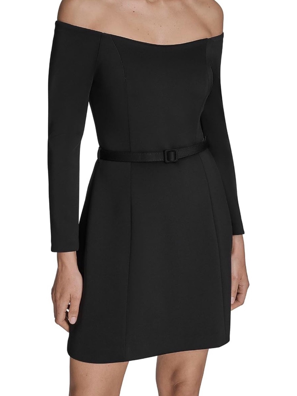 BCBG Women's Off the Shoulder Long Sleeve Belted A-line Mini Dress